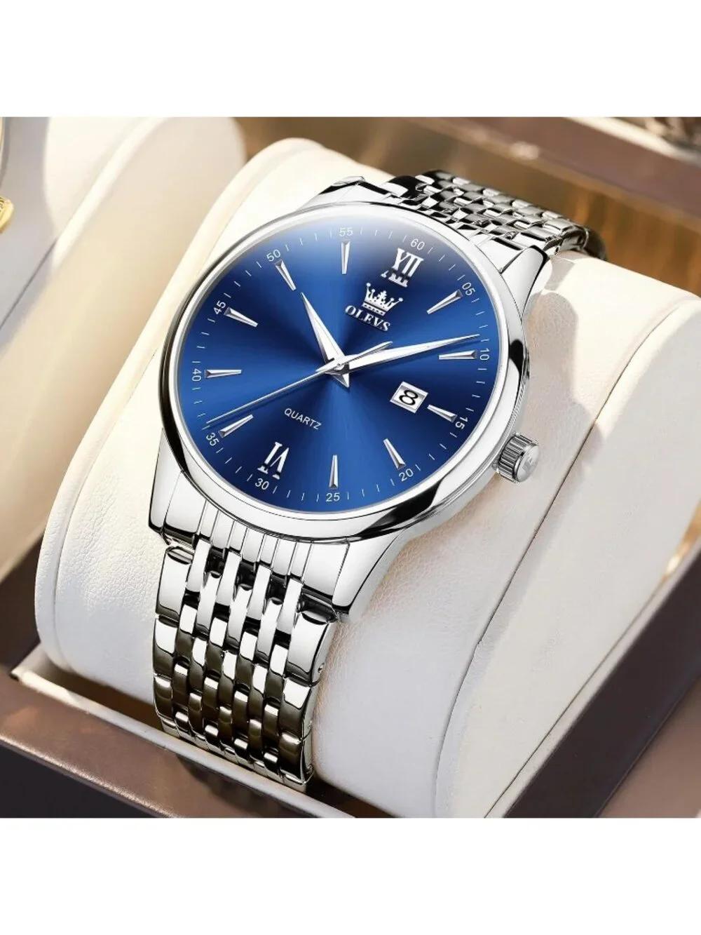 Men's Blue Silver Stainless Steel Band Waterproof Roman Numbers Classic Watch